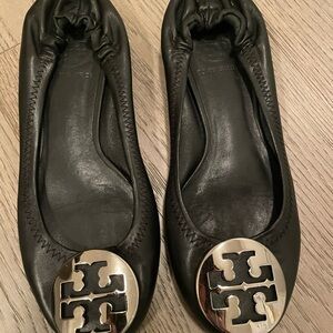 Tory Burch Black Leather Logo Ballet Flats with Gold Medallions